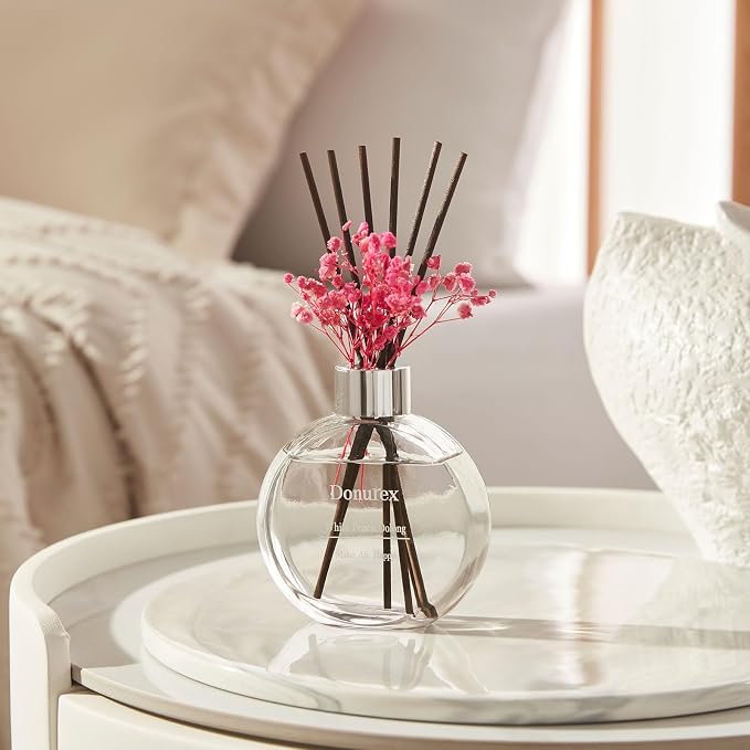 Flower Reed Diffuser Set 5.07oz White Peach & Oolong Scent Diffuser with Sticks Home Fragrance Reed Diffuser for Bathroom Shelf Decor