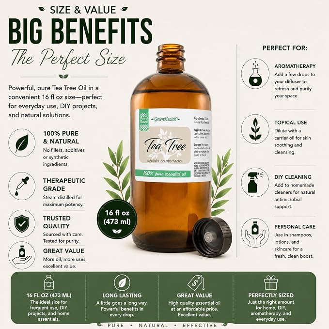 Tea Tree Essential Oil – 16 fl oz (473 ml) – 100% Pure & Undiluted – Steam-Distilled Melaleuca – Amber Glass Bottle – Natural Cleaning, Diffuser, and DIY Use – GreenHealth