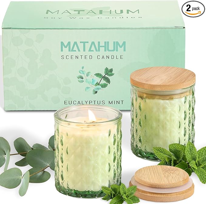 MATAHUM 2 Pack Eucalyptus & Mint Scented Candles for Home Decor, 6.5oz Natural Soy Wax Aromatherapy Jar Candles, Eucalyptus and Mint Candle for Relaxing, Birthday Housewarming Giftable for Women