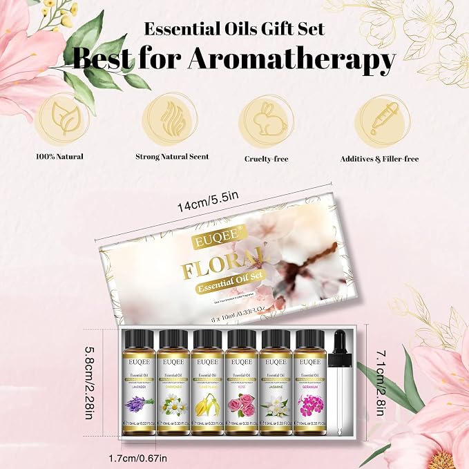 EUQEE 6 Pcs Pure Essential Oils Set, Premium Floral Scent Kit for Aromatherapy Diffuser, DIY Body Care, Home Fragrance, Massage– Lavender, Rose, Ylang Ylang, Jasmine, Geranium, Chamomile