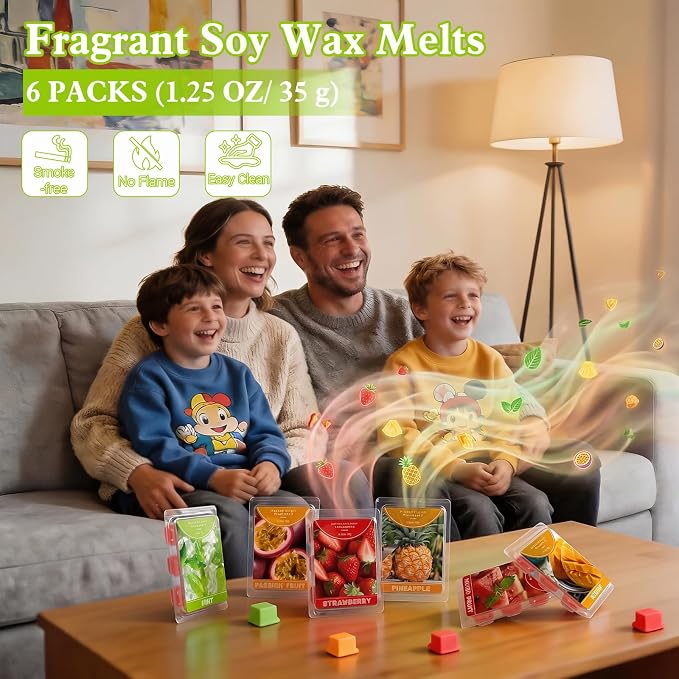 STRN Wax Melts, Soy Wax Cubes 6 Scents Mint, Watermelon, Mango, Passion Fruit, Pineapple & Strawberry, Summer Fruit Scented Long-Lasting Home Fragrance for Wax Warmers, Yoga, 1.25 OZ * 6 Packs