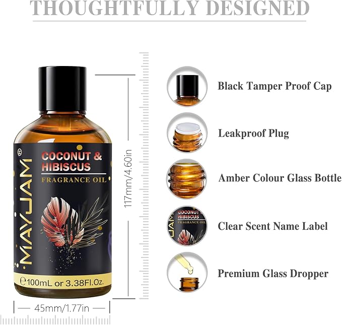 Coconut & Hibiscus Fragrance Oil Essential Oil, MAYJAM 3.38FL.OZ Coconut & Hibiscus Oil for Diffusers for Home, Long Lasting Scented Oils for Soap Candle Making - 100ML