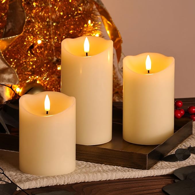 Ivory Flameless Pillar Candles with Remote, LED Candles Battery Operated, Real Wax Electric Candles Flickering Set of 3