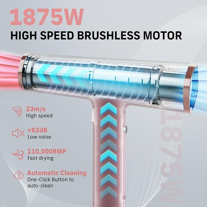 Quico Hair Dryers for Women, 7X Faster BLDC Motor, Quiet 1875W 110,000 RPM 2 Billion Negative Ionic Salon Blow Dryer with Diffuser, Adjustable Temp & Speed, Portable Hair Dryer for Home Travel, Pink