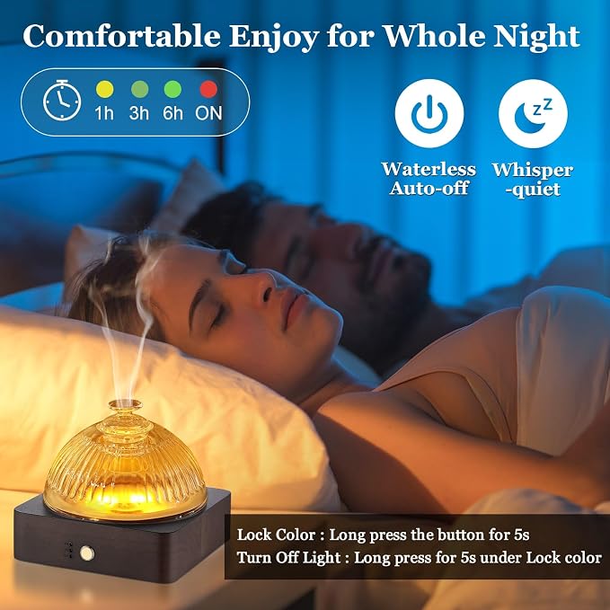 Lecdura Glass Essential Oil Diffuser with Glass Reservoir & WoodBase, 200ml Ultrasonic Lock Color Timer Auto-Off 7 Color Light Aroma Glass Dome Diffuser for Home Office Bedroom Yoga - Dark Brown