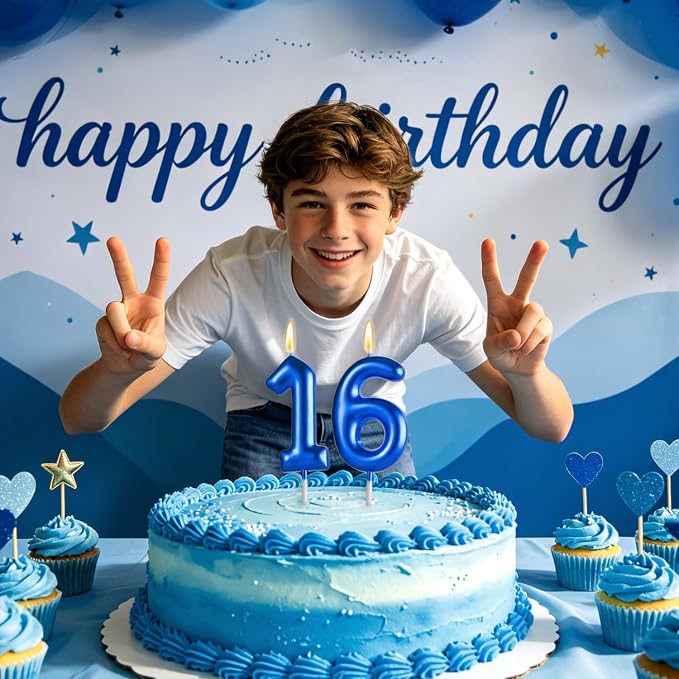 2.76“ Large 8 Birthday Candle, Three Candle for 8th Birthday Boy, Number 8 Candle for Boys Blue Theme Birthday Party Decorations, Blue Birthday Candles for Emo Birthday Decorations