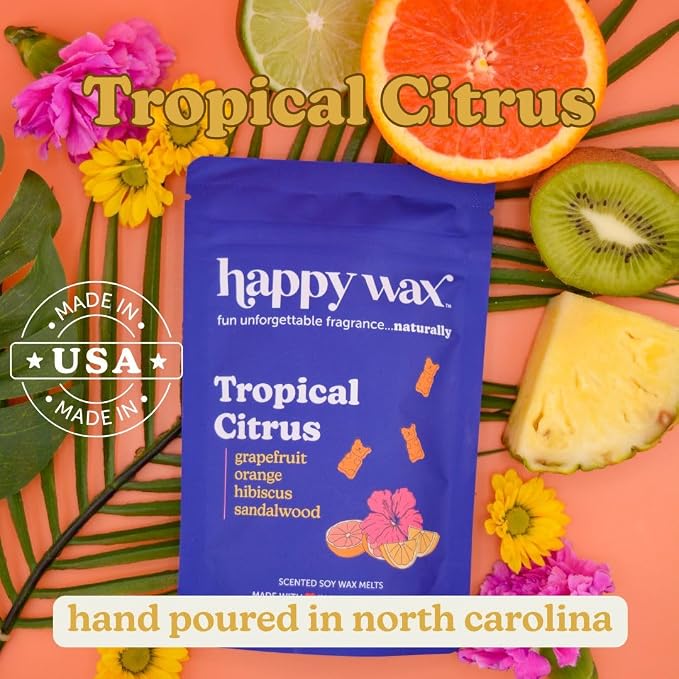 Happy Wax Citrus Mix Natural Soy Wax Melts - 6oz Total - Three 2oz pouches including Tropical Citrus, Orange Sorbet & Grapefruit Mangosteen