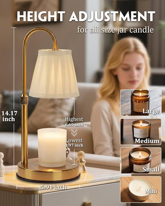 Modern Candle Warmer Lamp with Timer, Dimmable Candle Lamp Warmer, Fabric Candle Warmer, Mothers Day Birthday Gifts for Women, Height Adjustable Candle Light,Cozy Living Room Bedroom Home Decor