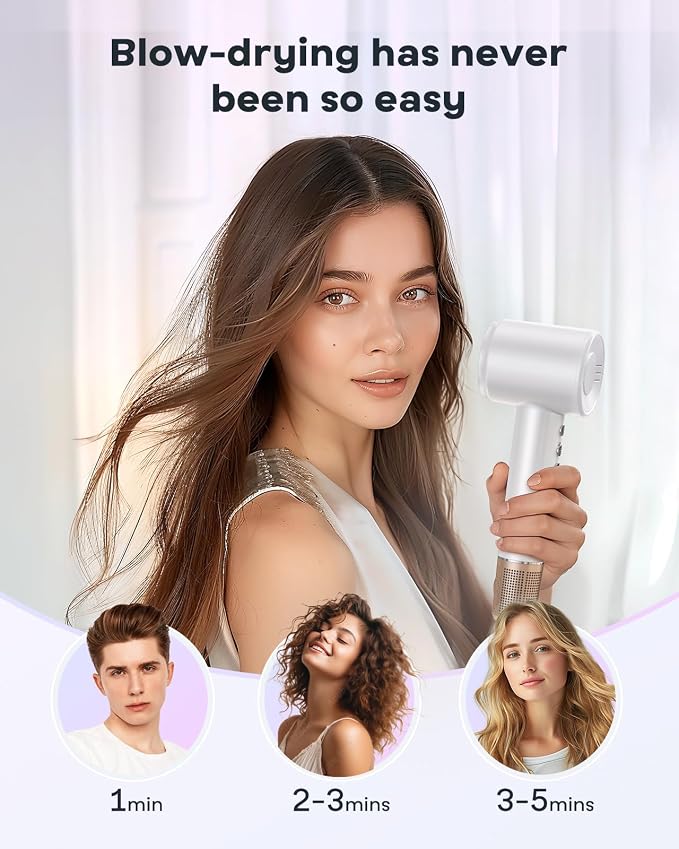 Bopcal Hair Dryer - 1-5 Mins Fast Drying Ionic Blow Dryer, 150,000RPM High-Speed, 500M Negative Ions Reduce 70% Frizz, Low Noise with Magnetic Diffuser & Nozzle, Home Travel Salon Use, Dark Black