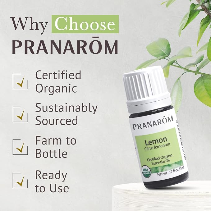 Pranarom USDA Certified Organic Lemon Essential Oil (5ml), 100% Pure Undiluted Therapeutic Grade from Argentina for Aromatherapy, Diffuser, DIY, Cleaning, Fresh Lemon Scent