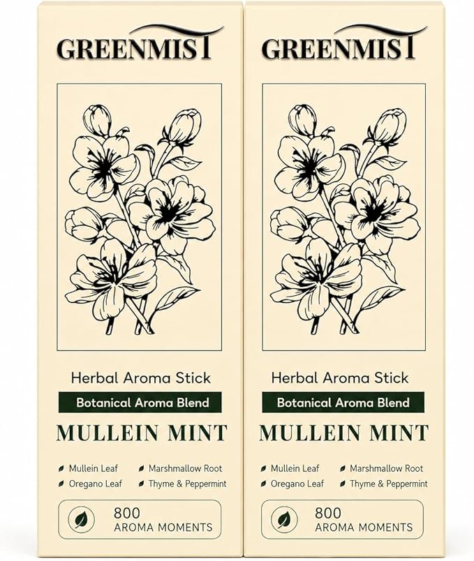 GreenMist Mullein Mint Herbal Aroma Stick 2 Pack, Plant-Based Botanical Scent, Portable Silicone Stick, Fresh Mint Thyme Oregano Notes, Yellow