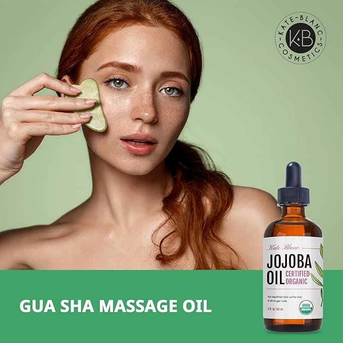 Kate Blanc Cosmetics Organic Jojoba Oil for Hair, Skin, Face, Nails (2oz) - USDA Certified, 100% Pure Cold Pressed Unrefined - Moisturizing Carrier Oil for Gua Sha, Dermaplaning, Body - Glass Bottle