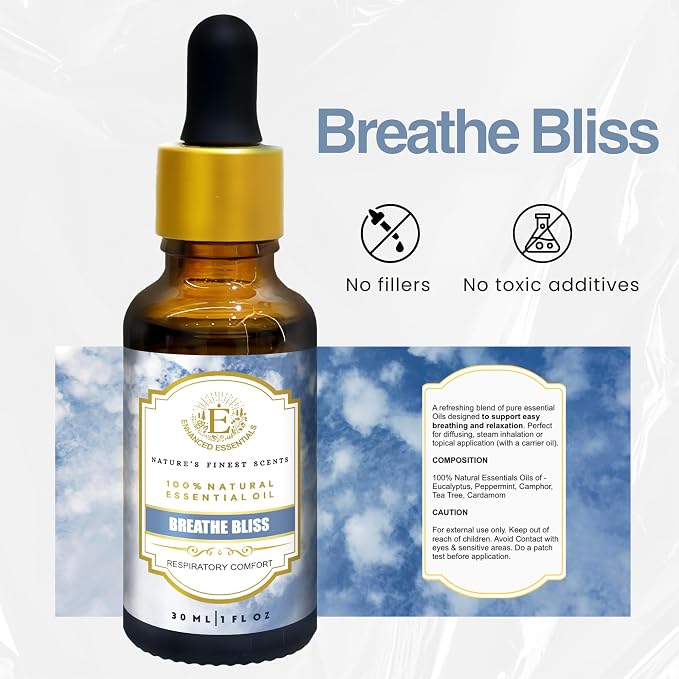 Breathe Bliss Essential Oil Blend – Cool, Fresh, Clearing Botanical Aroma – for Easy Breathing, Diffusers & Personal Inhalation – 30 ml