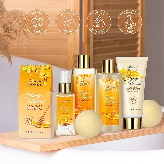 Bath & Body Gift Set, 15 Pcs Honey Almond Scented Bath Set, Home Spa Bath Gift Basket Pamper Gifts for Women Her Mom Friends Sister, Relaxing Spa Gift Baskets for Women Self Care Package