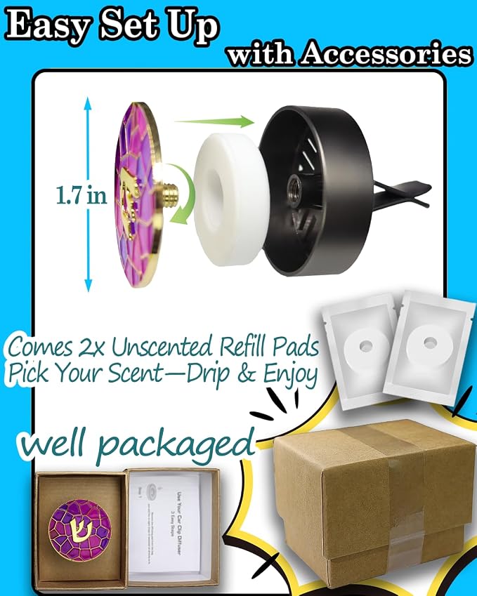 Hebrew Shin Car Vent Clip Air Freshener - Essential Oil Diffuser Refillable with 1 DIY Unscented Pads for Car Jewish Hanukkah Gifts Pink 1.57”
