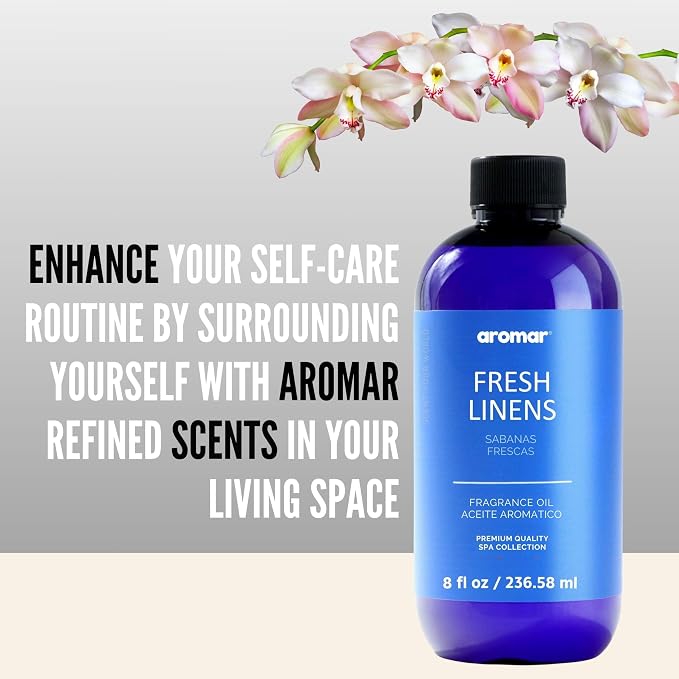 AROMAR Premium Fragrance Oil, Long-Lasting, Refreshing Uplifting Aroma for Aromatherapy, Relaxation & Household Uses. Fresh Linens 8oz