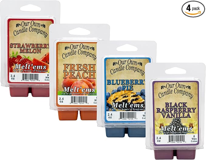 Our Own Candle Company Premium Wax Melt, Black Raspberry Vanilla, Blueberry Pie, Fresh Peach, and Strawberry Melon, Fruit Variety Pack, 6 Cubes, 2.4 oz (4 Pack)