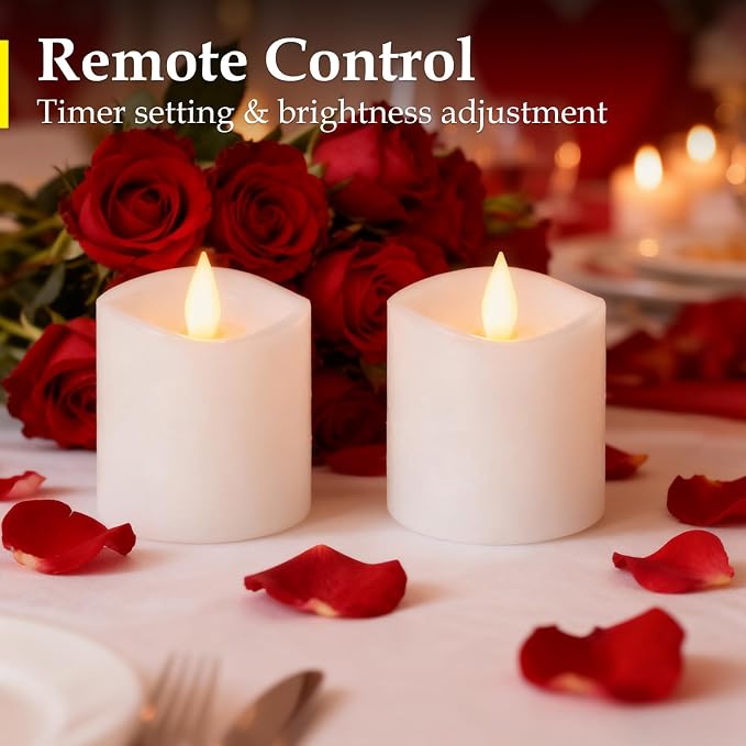 Flickering Flameless Candles Battery Operated with Remote Timer - Realistic 3D Moving Flame Candles, 600+ Hours Long-Lasting White LED Wax Candles for Wedding Home Decor, 3x3 Inch Set of 2