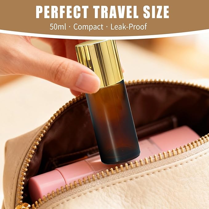 Tiger's Eye Roller Bottles for Essential Oils, 50ml Refillable Amber Glass Roll On Bottles with Natural Crystal Roller Balls, Leak-Proof Travel Perfume Bottle with Gold Caps