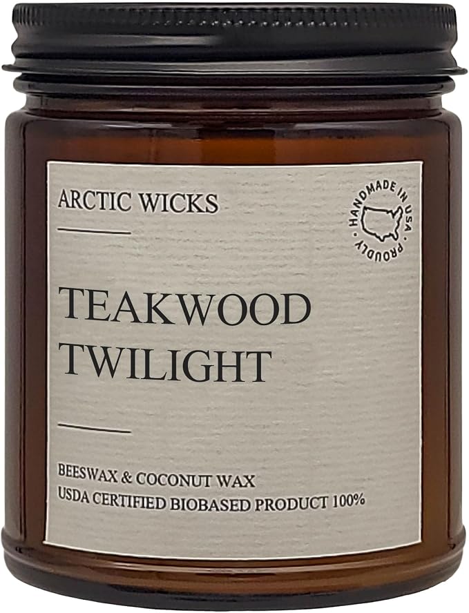 Arctic Wicks Scented Coconut Beeswax Candles | Coconut Beeswax Non Toxic Candle 9oz Amber | Farmhouse Candles Non-Toxic Clean Burn 100% USDA Certified Biobased (Teakwood Twilight)