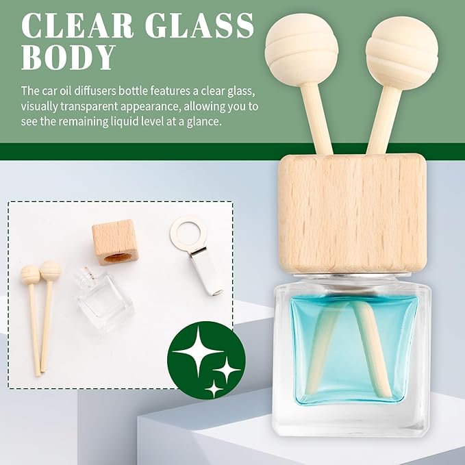 2PCS Car Diffuser Bottle with Vent Clip,Refillable Car Air Freshener with Wooden Lid and Stick,Transparent Empty Cars Diffuser Bottles as Cars Diffusers for Essential Oils