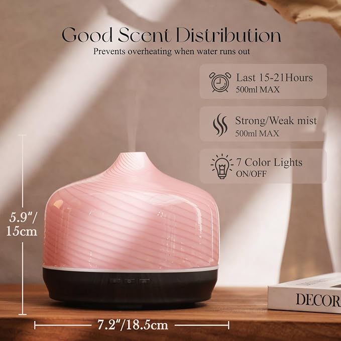 Porseme 500ml Glass Essential Oil Diffuser Aromatherapy Ultrasonic Cool Mist Humidifier 15-21 Running Hours Waterless Auto-Off Air Diffusers for Sleeping Yoga Working Spa(Pure Pink)