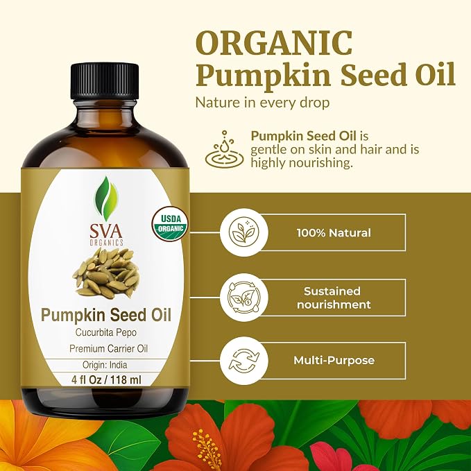 SVA Pumpkin Seed Oil Organic - 4 Fl Oz – 100% Natural Cold Pressed Organic Pumpkin oil - for Face, Skin Care, Hair Care, Scalp Massage & Body Massage – Carrier Oil with Dropper