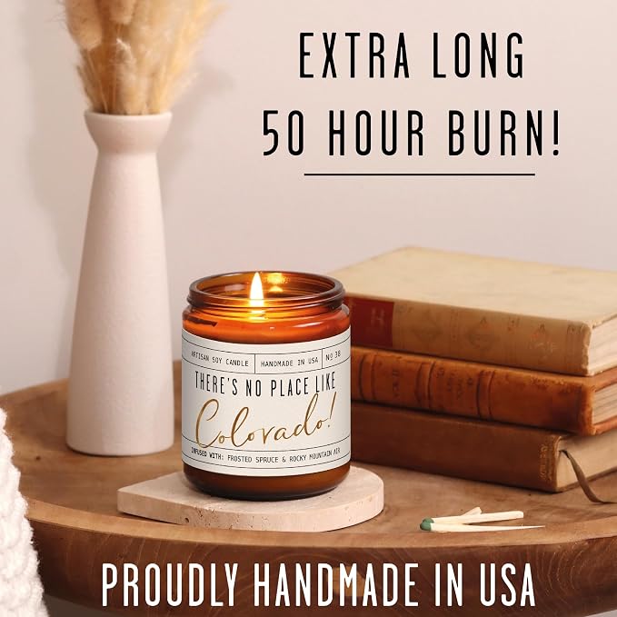Colorado Gifts, Colorado Decor for Home - 'There's No Place Like Colorado Candle, w/Frosted Spruce & Rocky Mountain Air I Colorado Souvenirs I Colorado State Gifts I 9oz Jar, 50Hr Burn, USA Made