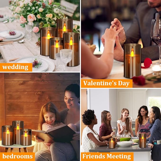 Flameless Candles 4" 5" 6" Acrylic Glass Pillars 3" Diameter Battery Operated Flickering Candles Include Remote with 24Hour Timer Function 400+ Hours by 2 AA Batteries (Gray, Warm Light 9 Pack)