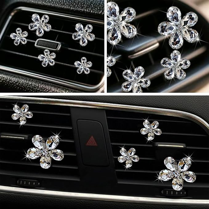 Bling Daisy Flower Car Air Vent Clips, 5PCS Sparkling Crystal Rhinestone Cute Vehicle Air Conditioning Clamp, Diamond Auto Air Outlet Clip Decor for Women Girls (White)