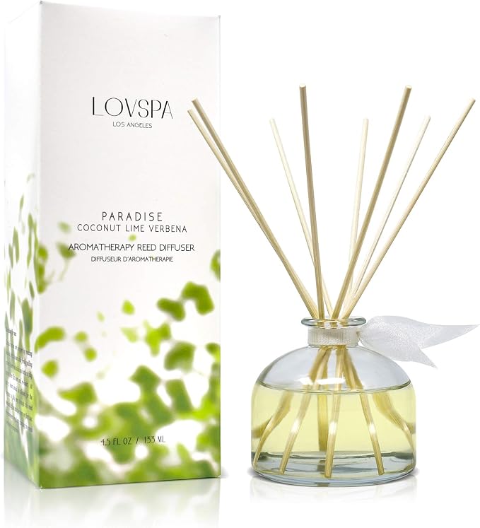 Reed Diffuser Set, Paradise Coconut Lime Verbena Scented Oil Diffuser with Sticks, Home Fragrance Accessories for Bathroom Shelf Decor, Aroma Diffusers for Home or Office Desk, USA Made