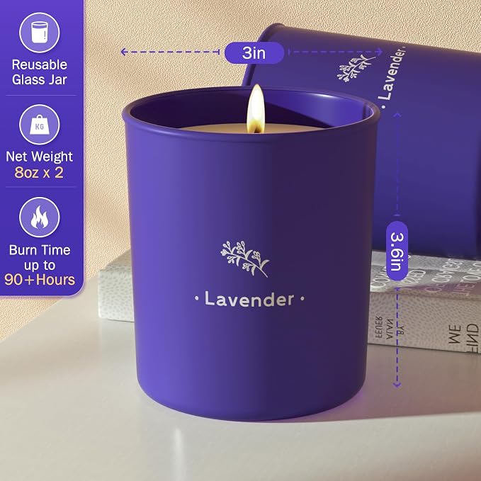 TranquilBliss Lavender Candles for Home Scented, 8 oz Scented Candles Present, Purple Jar Wax, Made with Soy for Women, 45 Hour Long-Lasting Burn for Girl Women Birthday Present Giving - 2 Pack