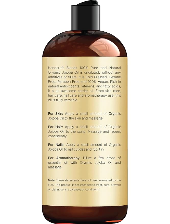 Handcraft Blends USDA Organic Jojoba Oil | Cold-Pressed | 16 Fl Oz | 100% Pure & Natural | for Hair, Skin & Face | Premium Grade Carrier Oil | for Massage & Aromatherapy | Hexane-Free