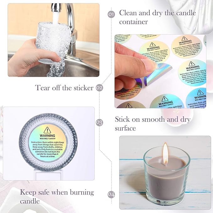 Holographic 360 Pcs Candle Warning Labels Candle Jar Container Stickers Wax Melting Safety Stickers for Jars Tins Containers Making Supplies