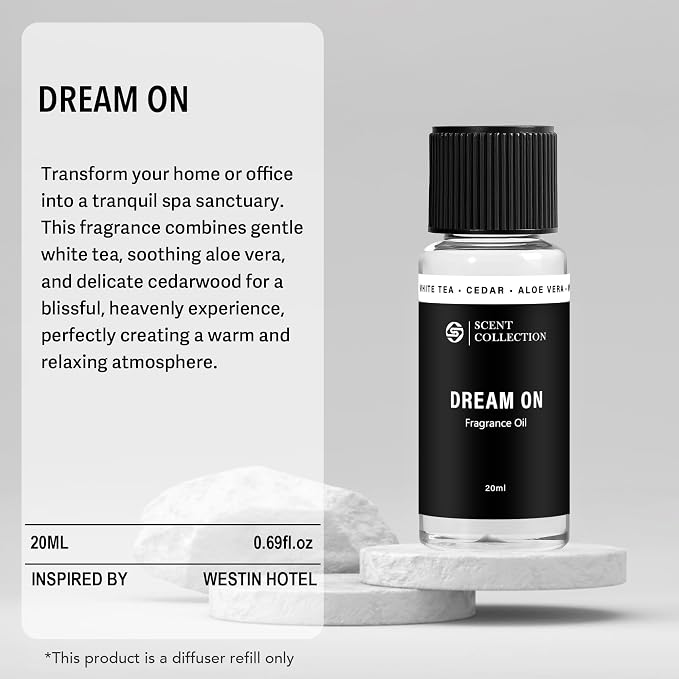 Luxury Hotel Scent Dream On Diffuser Oil Waterless Essential Aromatherapy for Cold Air & Car Diffusers – Long Lasting Refill for Large Room & Home - Non Toxic, Signature White Tea (20ml/0.68Fl oz)
