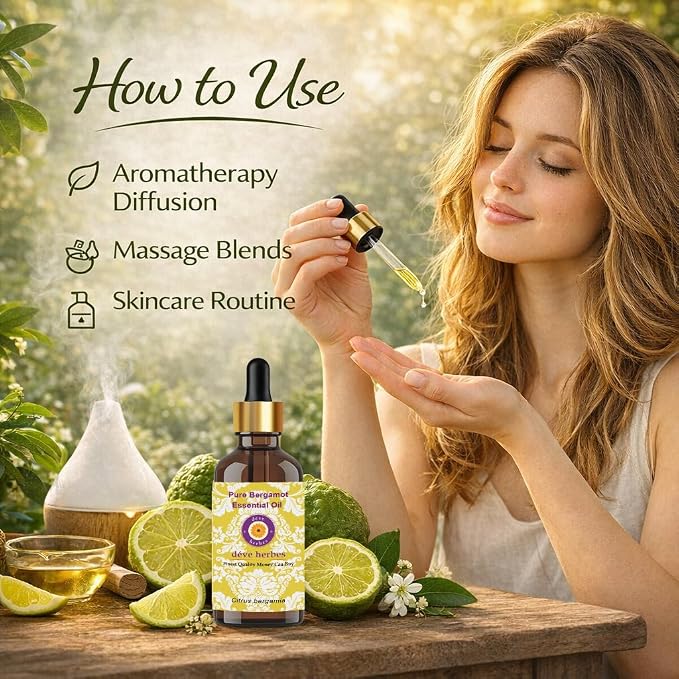 Deve Herbes Pure Bergamot Essential Oil (Citrus bergamia) Premium Therapeutic Grade Steam Distilled for Personal Care 300ml (10 oz)