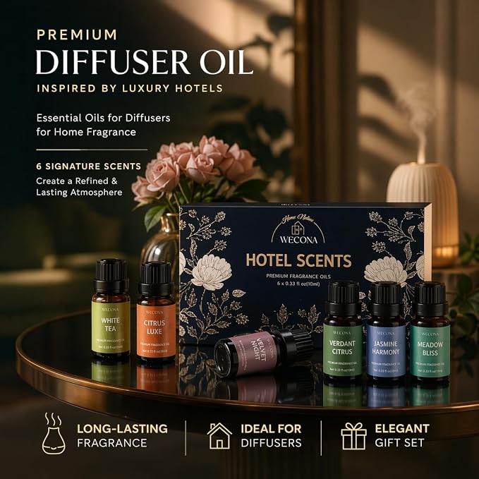 Premium Hotel Fragrance Oil Collection for Diffusers, Essential Oils for Diffusers for Home, Hotel Diffuser Fragrance Oils,Spa & Candle Making, White Tea, Citrus Luxe, Velvet Night and More - 6x10ml