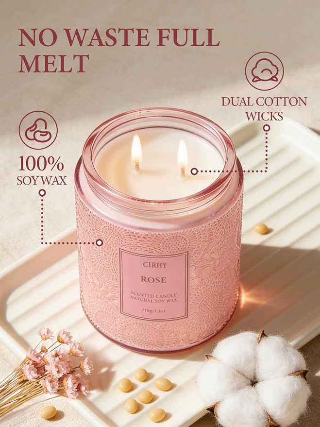 Cirhy Rose Scented Candle, Pink Candle for Women – Natural Soy Wax, Dual Cotton Wicks, 50-Hour Long Burning, Perfect Birthday, Christmas & Holiday Gift for Her, Home Fragrance 7.4 oz