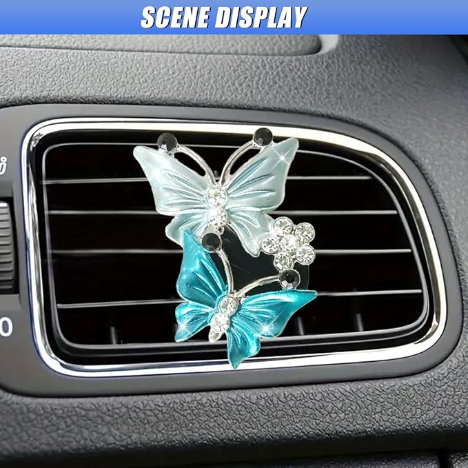 ZIMISI Car Vent Clip, Dual Butterfly Air Vent Clips, Bling Diamond Car Diffuser Clips, Cute Air Conditioning Outlet Decoration, Butterfly Car Accessories for Women (1Pc/Blue)
