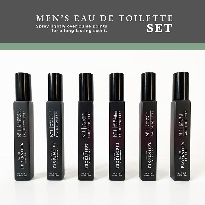 Pecksniff’s Men’s Essentials Fragrance Gift Set – 6x10 ml Eau de Toilette Collection – Luxury Mini Cologne Sampler, Designed in England
