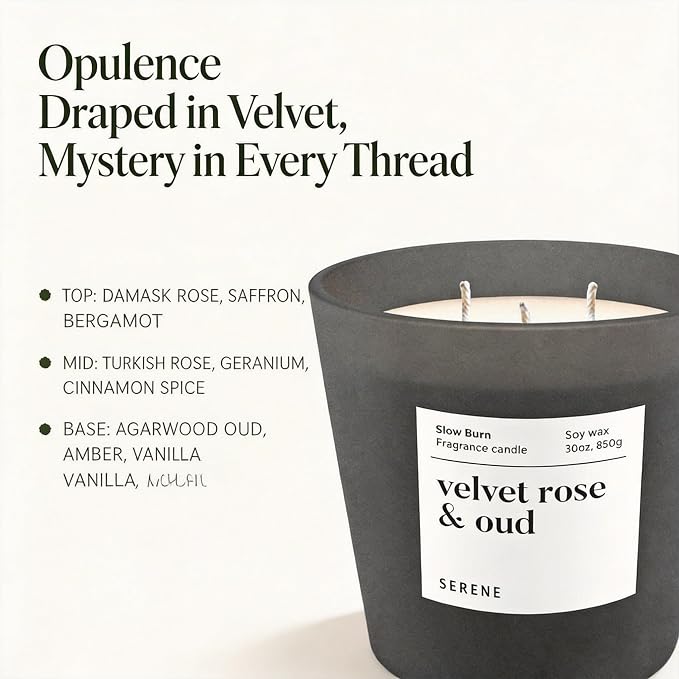 Velvet Rose & Oud Scented Candle, Non Toxic 30oz Large 3-Wick Natural Soy Wax, Up to 100 Hours Slow Burn, Luxury Oriental Home Fragrance, Romantic Bedroom & Gift for Women
