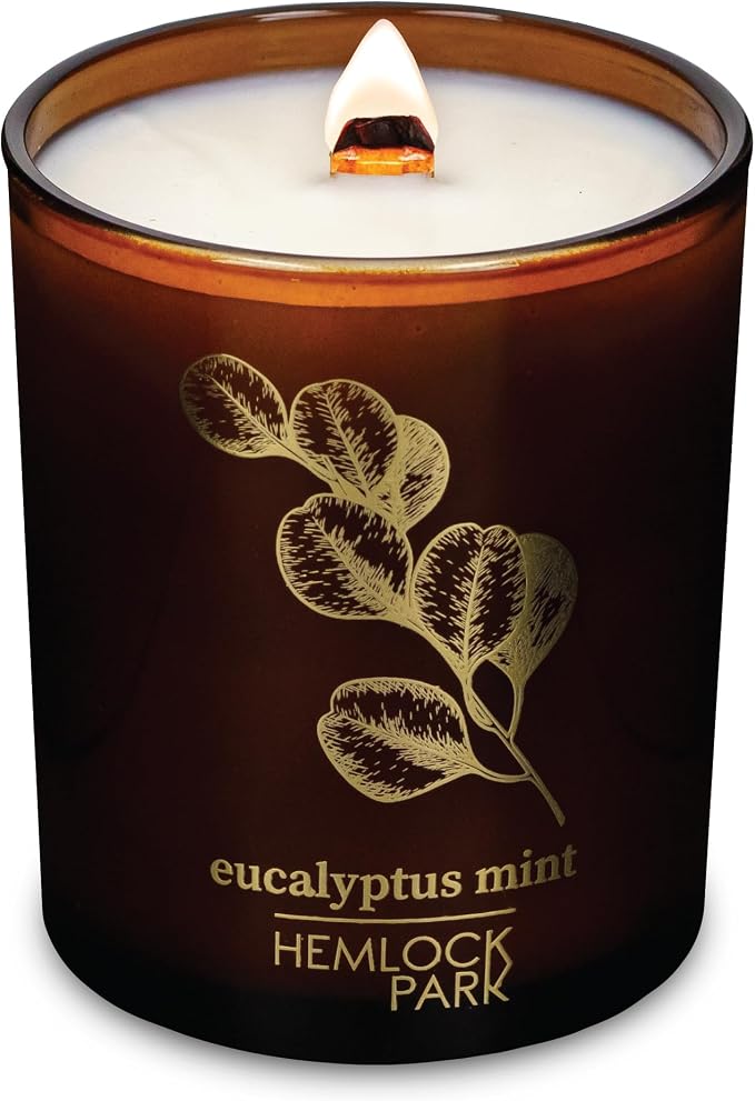 Hemlock Park Eucalyptus Mint Amber & Gold Scented Candle | Crackling Wood Wick, Botanical Fragrance & Coconut Apricot Wax | Up to 50 Hour Burn Time | 7.2 oz | Made in USA