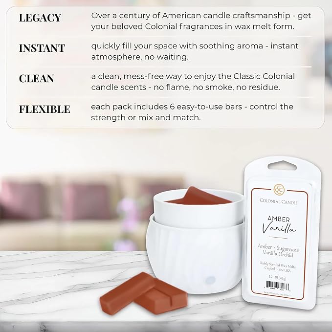 Colonial Candle Amber Vanilla Scented Wax Melts, Wax Melt Warmer Cubes, Long Lasting Scented Wax Warmer Cubes, 4 Pack, 6 Cubes Each - Made in The USA