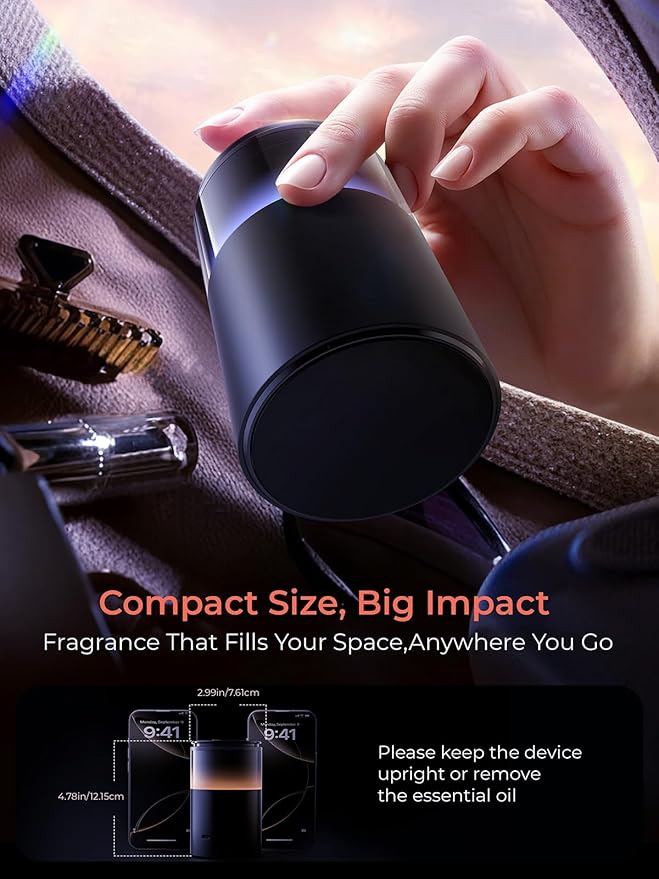 Battery Operated Waterless Diffuser – Portable Scent Machine for Car, Office & Bedroom, Ultrasonic Aroma Mist with 9 Color LED Light, Mini Essential Oil Diffuser Obsidian Black