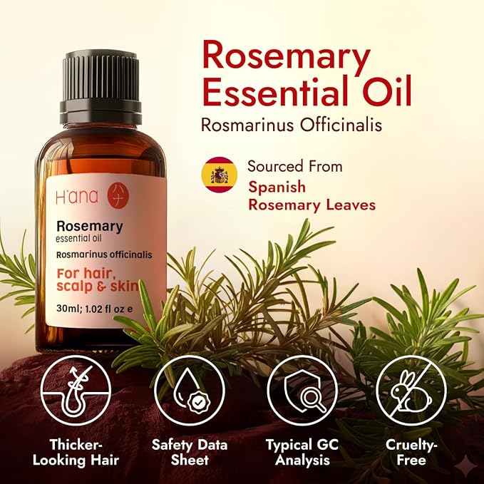 H'ana Rosemary Oil - 1.02 Fl Oz Rosemary Essential Oil for Hair, Skin, Diffuser, Aromatherapy & DIY