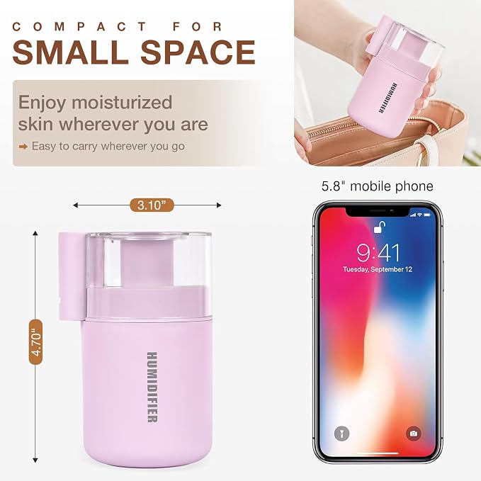 Small Mini Humidifier, USB Desk Cool Mist Humidifier Personal Portable Quiet Table Desktop Humidifiers for Cooling Home Office Car Summer Travel (180ml, Pink)