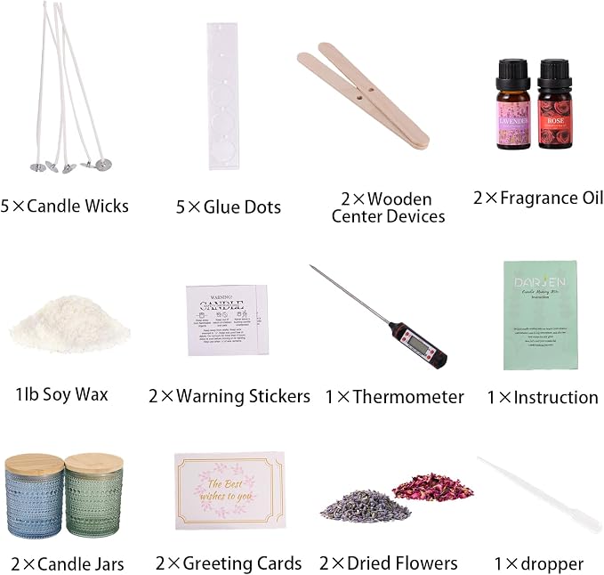 DARJEN Candle Making Kits for Beginners, DIY Starter Scented Candles Making Kit - 2 Glass Jars(Blue, Green), Soy Wax, Scented, Card & More, Full Soy Candle Making Supplies Set Perfect Gifts