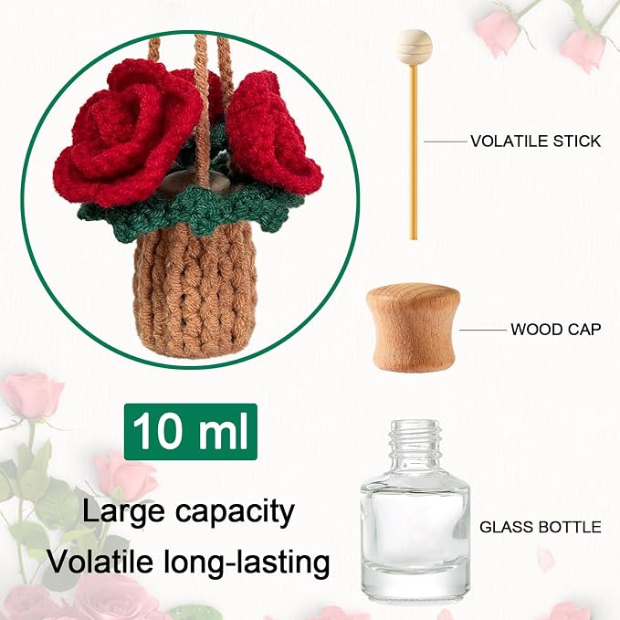 Crochet Car Air Freshener, Empty Refillable Oil Diffuser Bottle with Hanging Crochet Plant for Car Rearview Mirror Decor, Handmade Home and Office Decor (Rose)