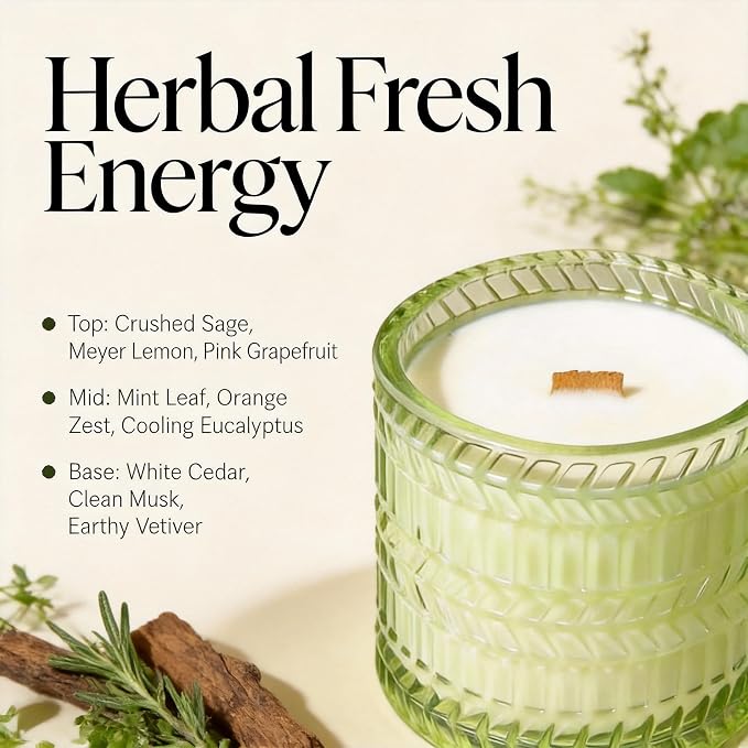 Hidden Label Sage & Citrus Wood Wick Candle, 7.4oz, 55 Hous Burn | Crackling Cherry Wood Wick | 55H Clean Burn | Kitchen & Hostess Gift | Non-Toxic Soy Wax | Green Frosted Decor Jar