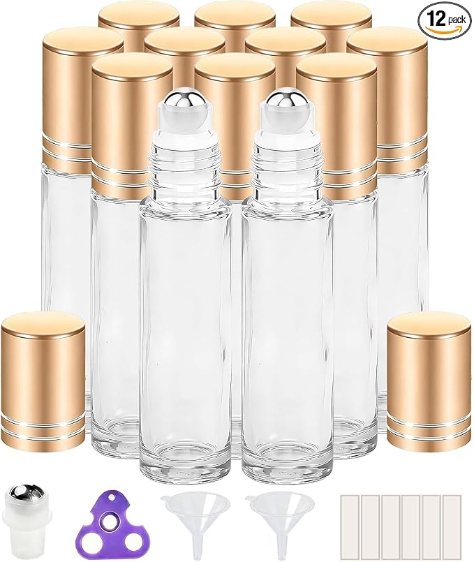 PrettyCare 12 Pack, 10 ml Essential Oil Roller Bottles with Stainless Steel Roller Ball - Refillable Leak-proof Empty Thick Clear Glass Roll on Bottles with Metal Caps for Travel, Perfume